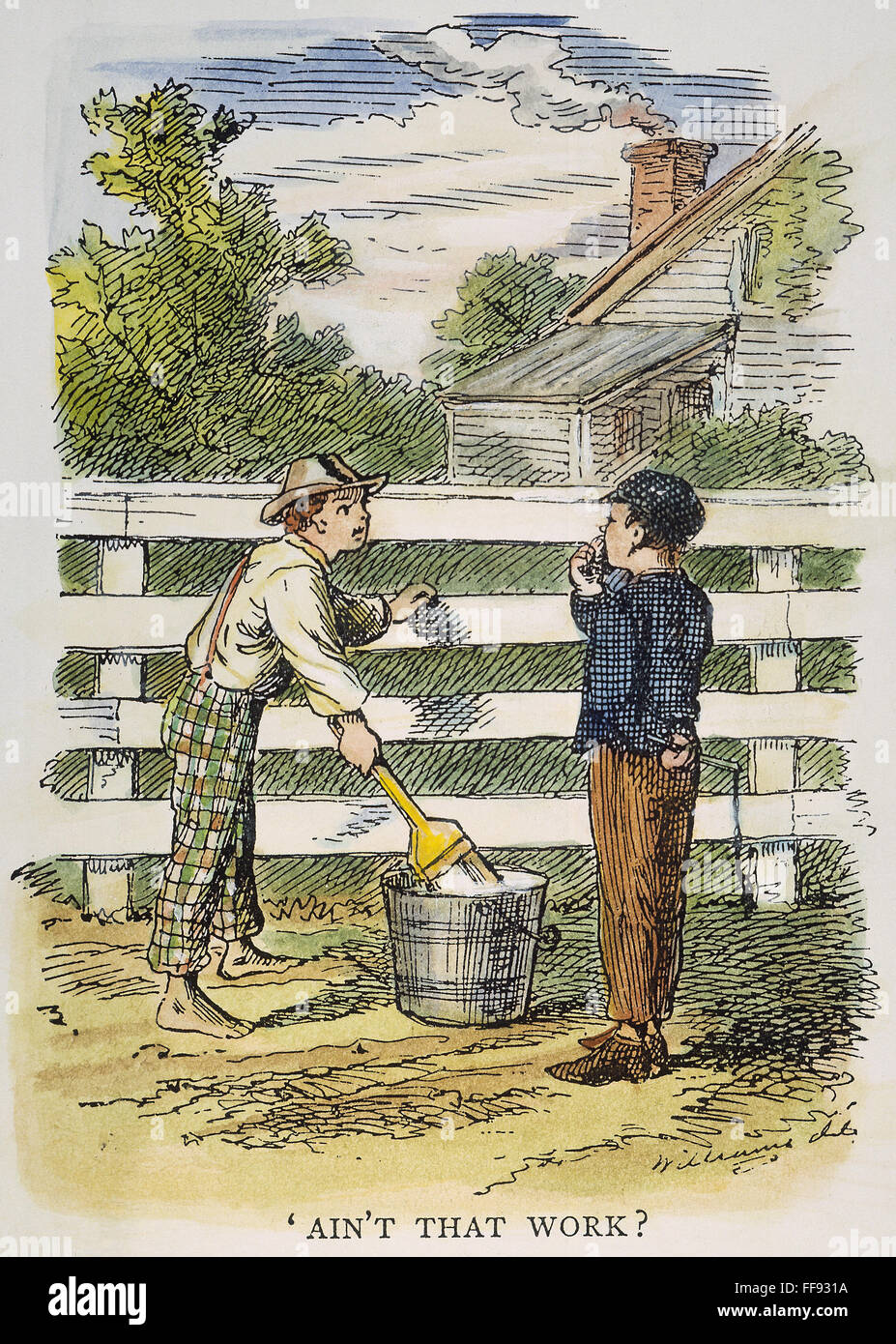 CLEMENS: TOM SAWYER, 1876. /nThe immortal incident of whitewashing the fence: drawing by True Williams from the first edition, 1876, of the 'Adventures of Tom Sawyer' by Samuel Langhorne Clemens [Mark Twain]. Stock Photo