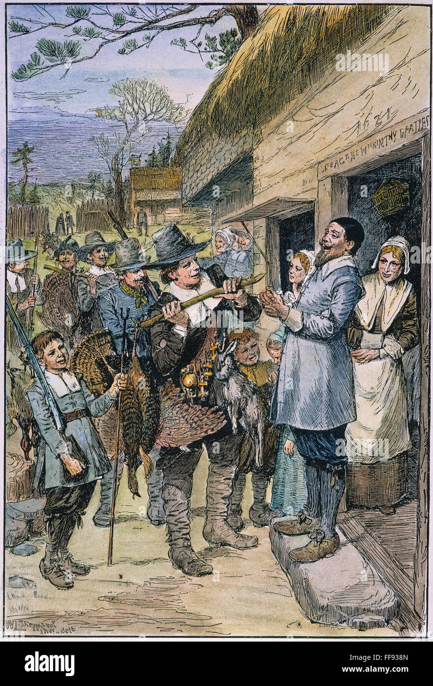 PILGRIMS: THANKSGIVING, 1621. /n'After the first harvest of the colonists at Plymouth, in 1621, Governor Bradford sent four men out fowling, that they 'might after a more special manner rejoice together.'' American engraving, 19th century, drawn by W.F. S Stock Photo