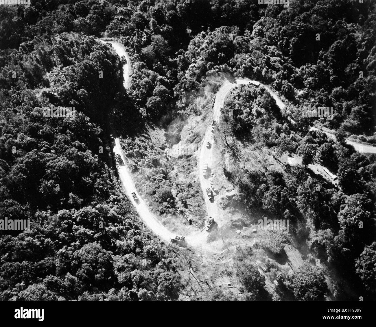 BURMA MOUNTAIN ROAD, 1945. /nA convoy slowed down by sharp turns in