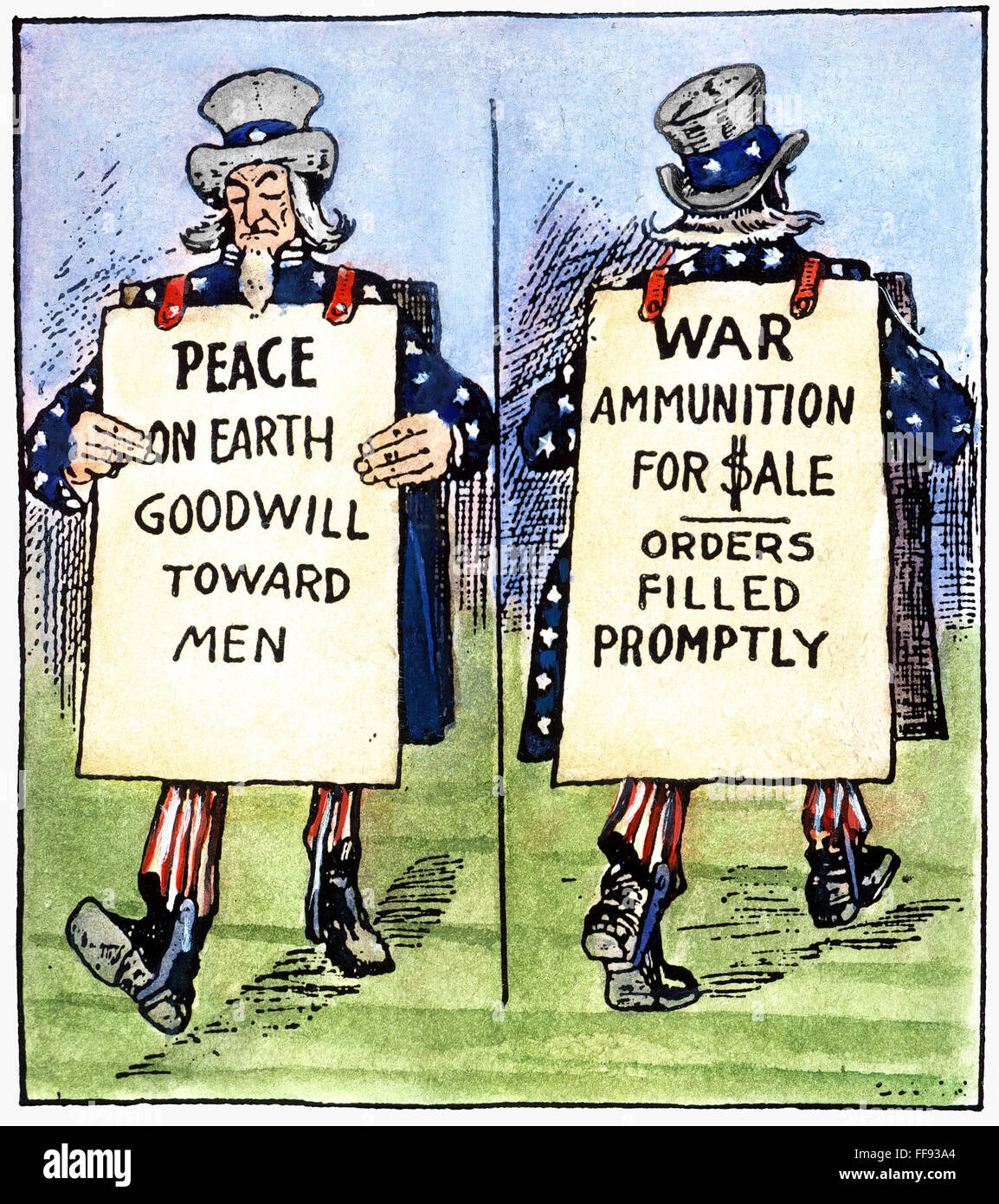 CARTOON: U.S. NEUTRALITY. /nSatirical American cartoon comment, c1917, on Uncle Sam's conflicting desires to encourage peace by remaining neutral in World War I and to profiteer by selling munitions to the Allies. Stock Photo