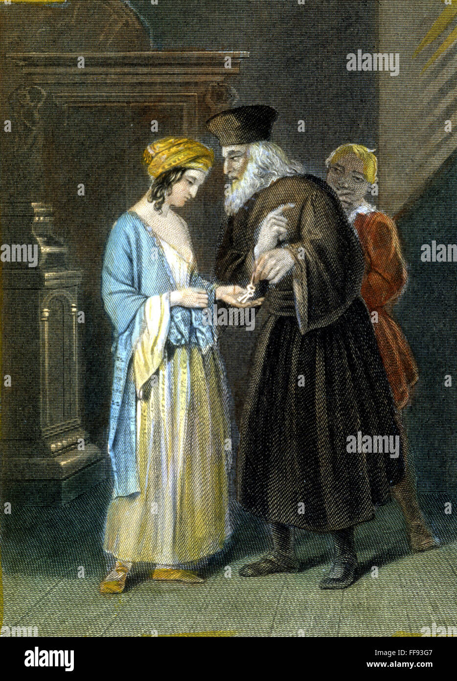 MERCHANT OF VENICE. /nShylock entrusting Jessica with his keys. Engraving from a 19th century MERCHANT OF VENICE. /nShylock entrusting Jessica with his keys. Engraving from a 19th century