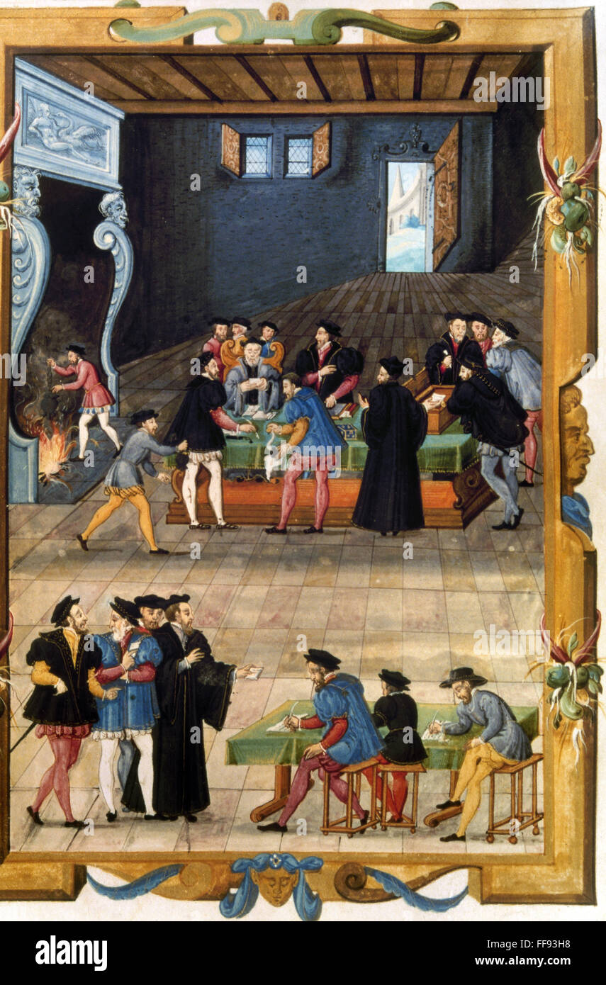 FRENCH COURTIERS. /nMeeting of notaries and secretaries of King Francis I of France. French manuscript illumination, 16th century. Stock Photo