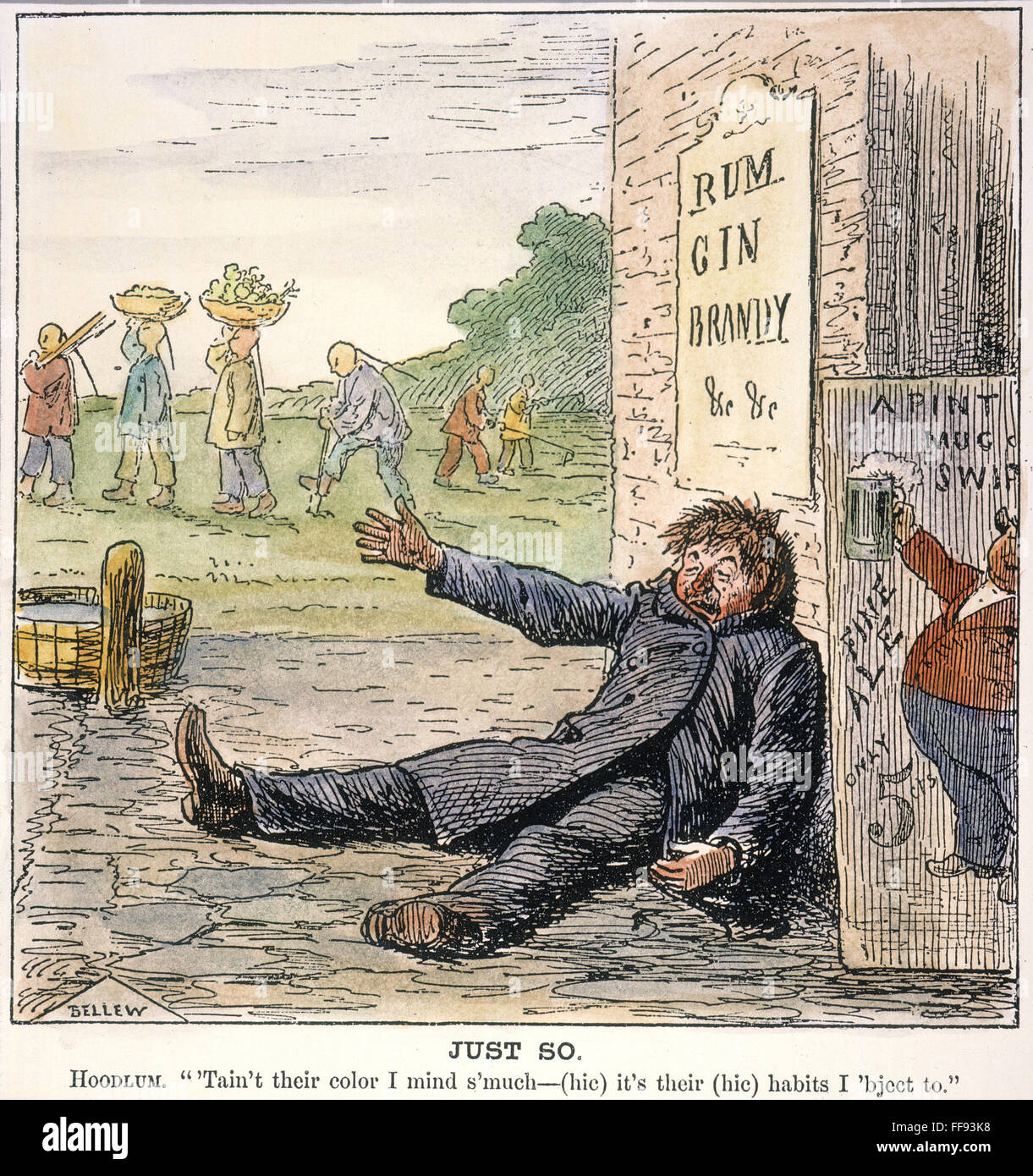 IMMIGRATION CARTOON, 1879. /n'Just So': American cartoon by Frank Bellew,  1879, ridiculing Irish contempt for Chinese immigrants by inviting contempt  for the Irish immigrants Stock Photo - Alamy