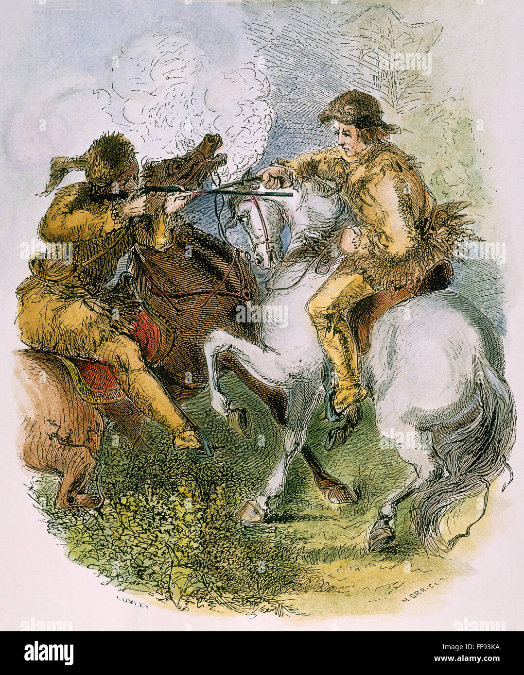 CHRISTOPHER CARSON /n(1809-1868). Known as Kit. American frontiersman. Carson in a scuffle with another rider. Wood engraving from 'The Life & Adventures of Kit Carson, the Nestor of the Rocky Mountains,' by DeWitt Peters, New York, 1858. Stock Photo