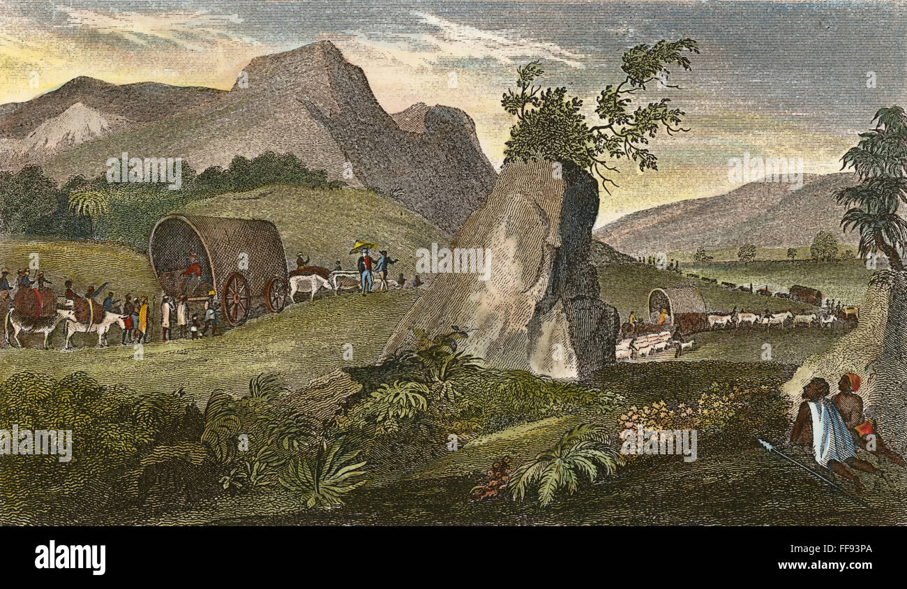 SOUTH AFRICA: GREAT TREK. /nVoortrekkers making the Great Trek from the Cape Colony to Natal, beginning in 1835. Steel engraving, American, 1837. Stock Photo