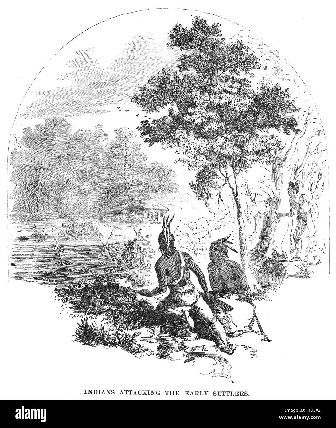 INDIANS: COLONIAL CONFLICT. /nIndians lying in wait for an attack on a colonial settlement. Line engraving, American, 1872. Stock Photo