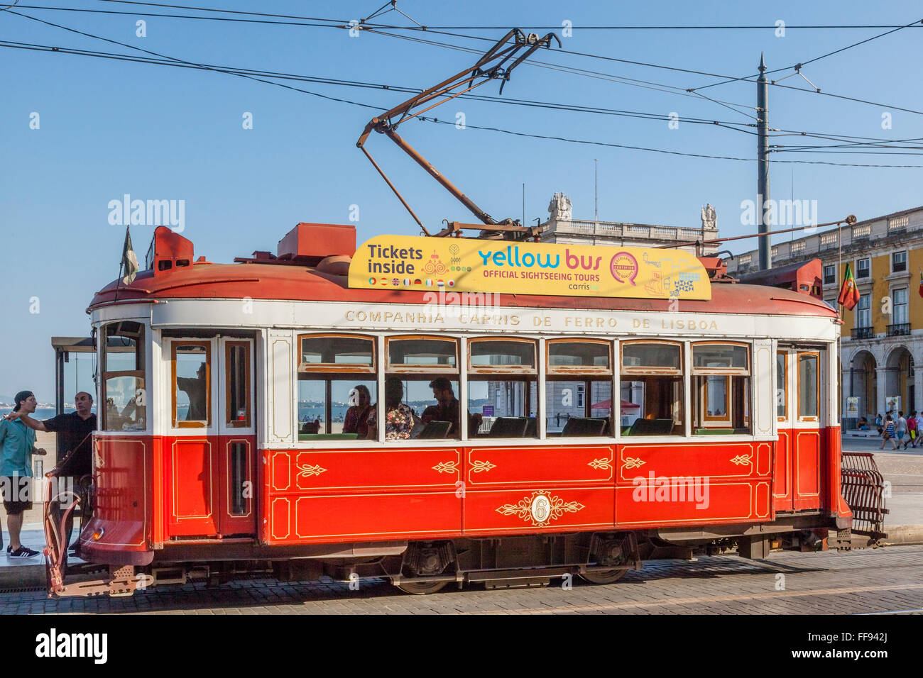 Portugal, Lisbon, Pombaline Downton, Lisbon tram at Praca do Comercio, Plaza of Commerce Stock Photo