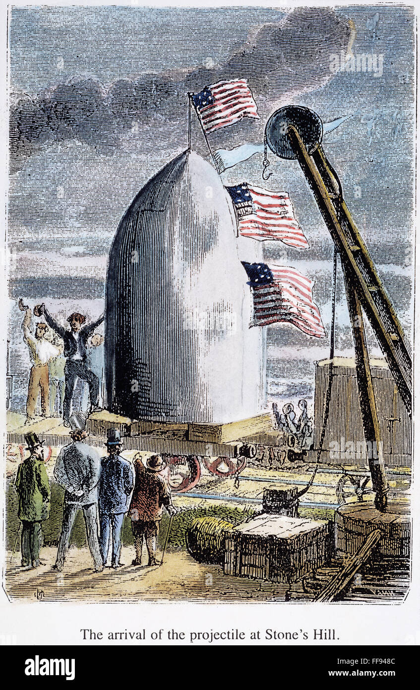 VERNE: EARTH TO MOON. /nThe arrival of the projectile at Stone's Hill. Engraved illustration from a 19th century edition of Jules Verne's 'From Earth to the Moon.' Stock Photo