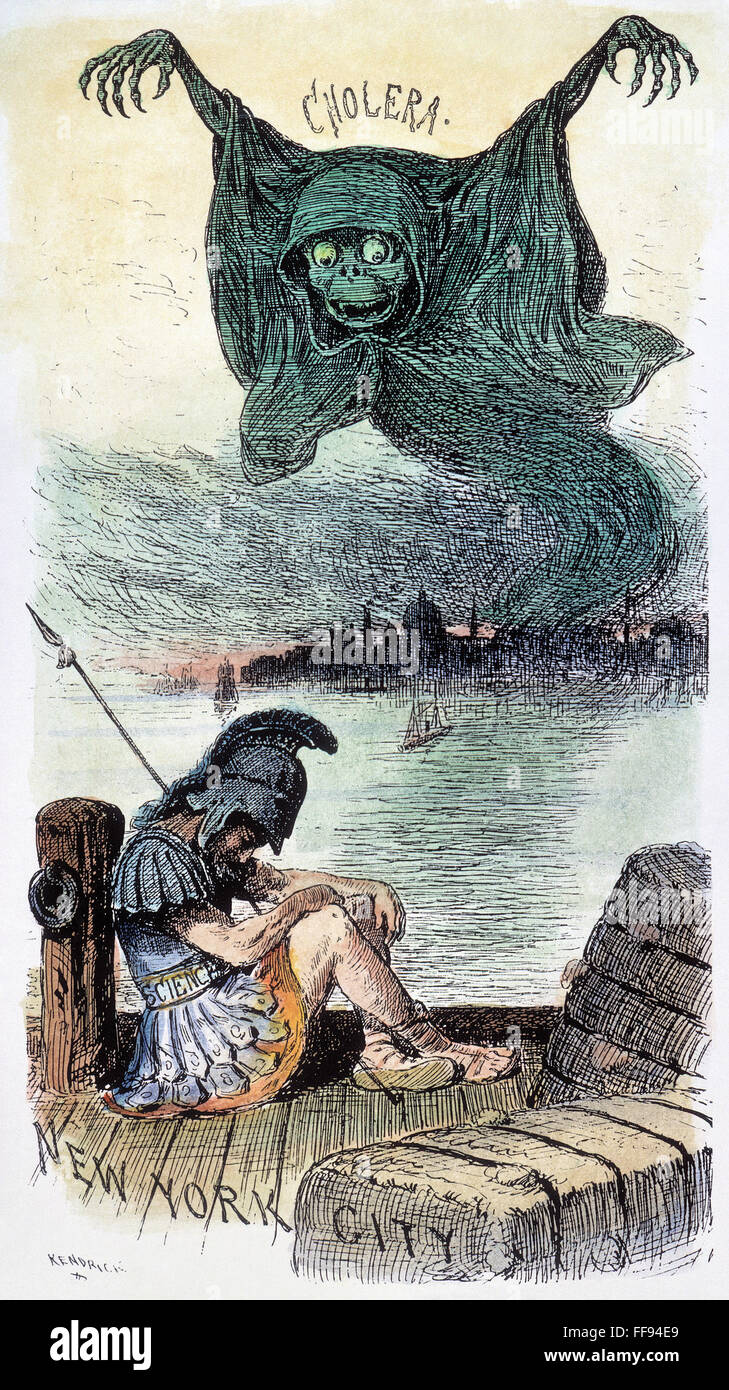 U.S. CARTOON: CHOLERA, 1883. /n'Is This a Time for Sleep?' American cartoon, 1883, urging more vigilance and action to vanquish public health diseases such as cholera, here shown arriving in New York City harbor while 'Science' sleeps on his watch. Stock Photo