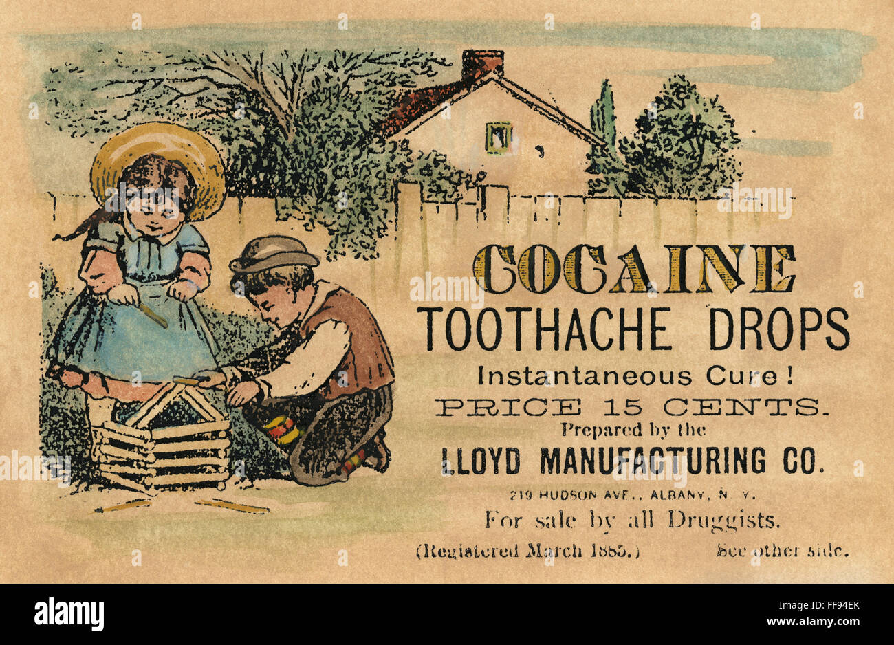 COCAINE MEDICINE AD, 1885. /nAmerican merchant's trade card, 1885, for Cocaine Toothache Drops obviously intended for young children as well as adults. Stock Photo