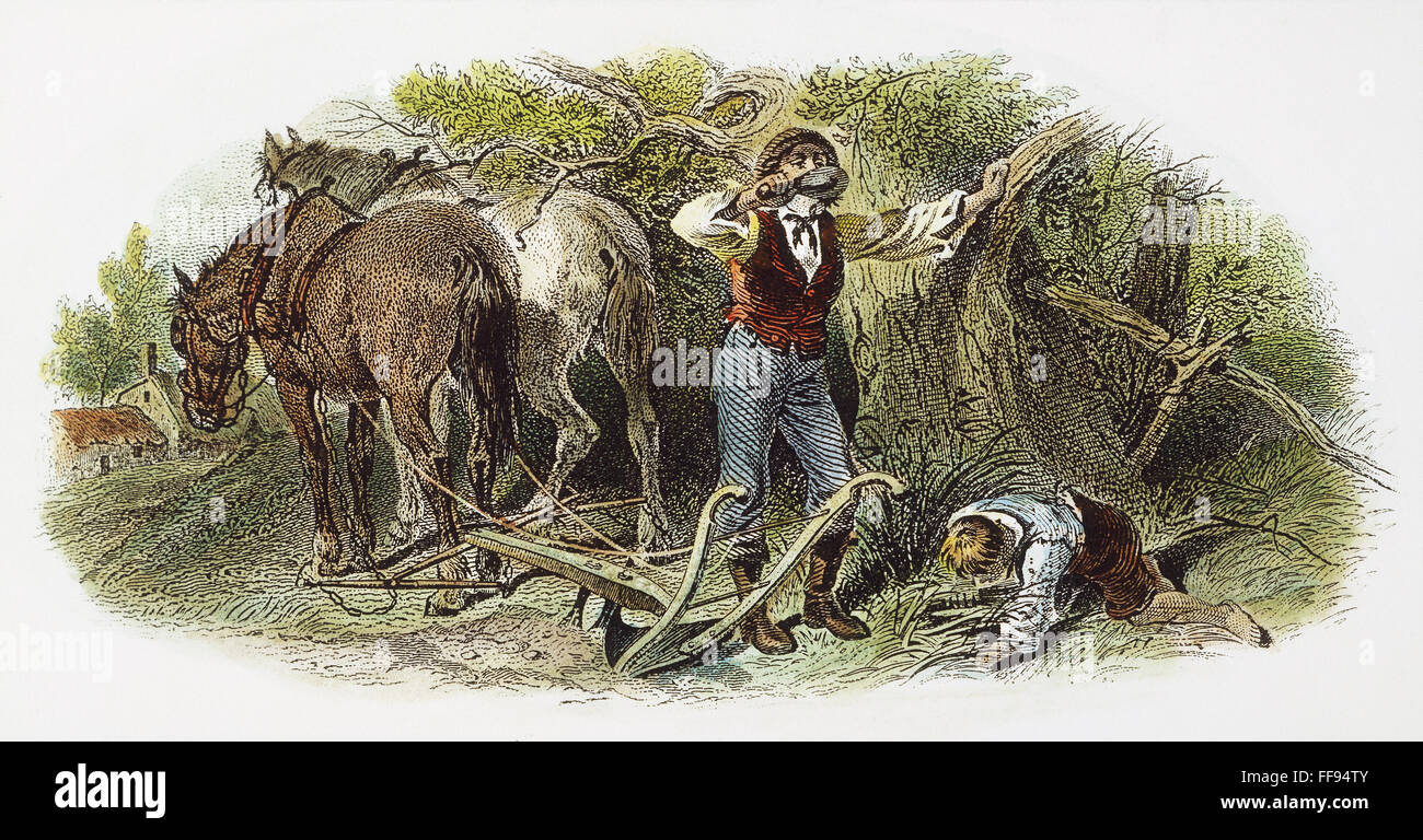 FARMING, c1870. /nA farmer enjoying a brief respite from his work in the fields. American bank note engraving, c1870. Stock Photo