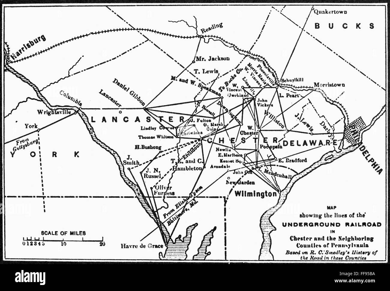 UNDERGROUND RAILROAD MAP. map showing the lines of the Underground Railroad