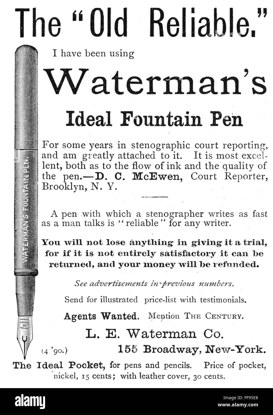 FOUNTAIN PEN, 1890. /nAdvertisement for Waterman's fountain pen, New