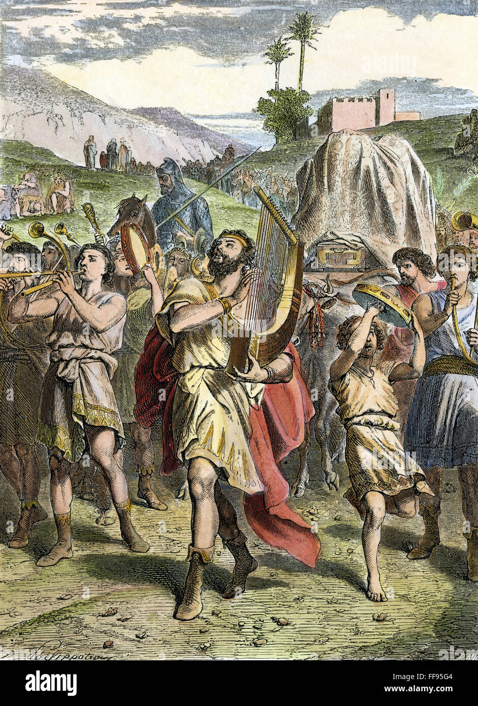 DAVID & THE ARK. /nDavid rejoicing before the Ark, having slain the Philistine (II Samuel 6: 14-17). Wood engraving, English, late 19th century. Stock Photo