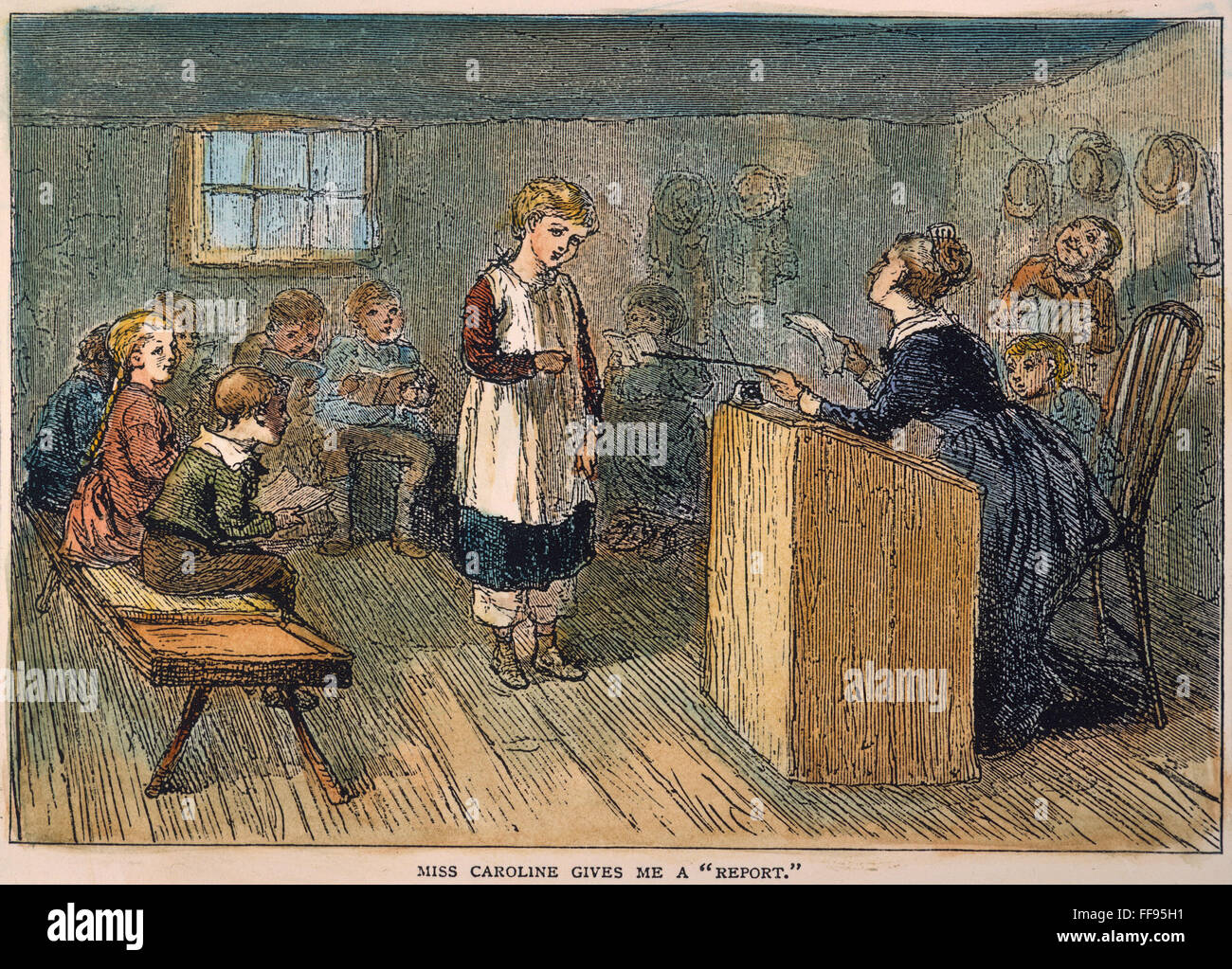 SCHOOLHOUSE, 1877. /nA lesson in an American one-room country schoolhouse. Wood engraving, American, 1877. Stock Photo