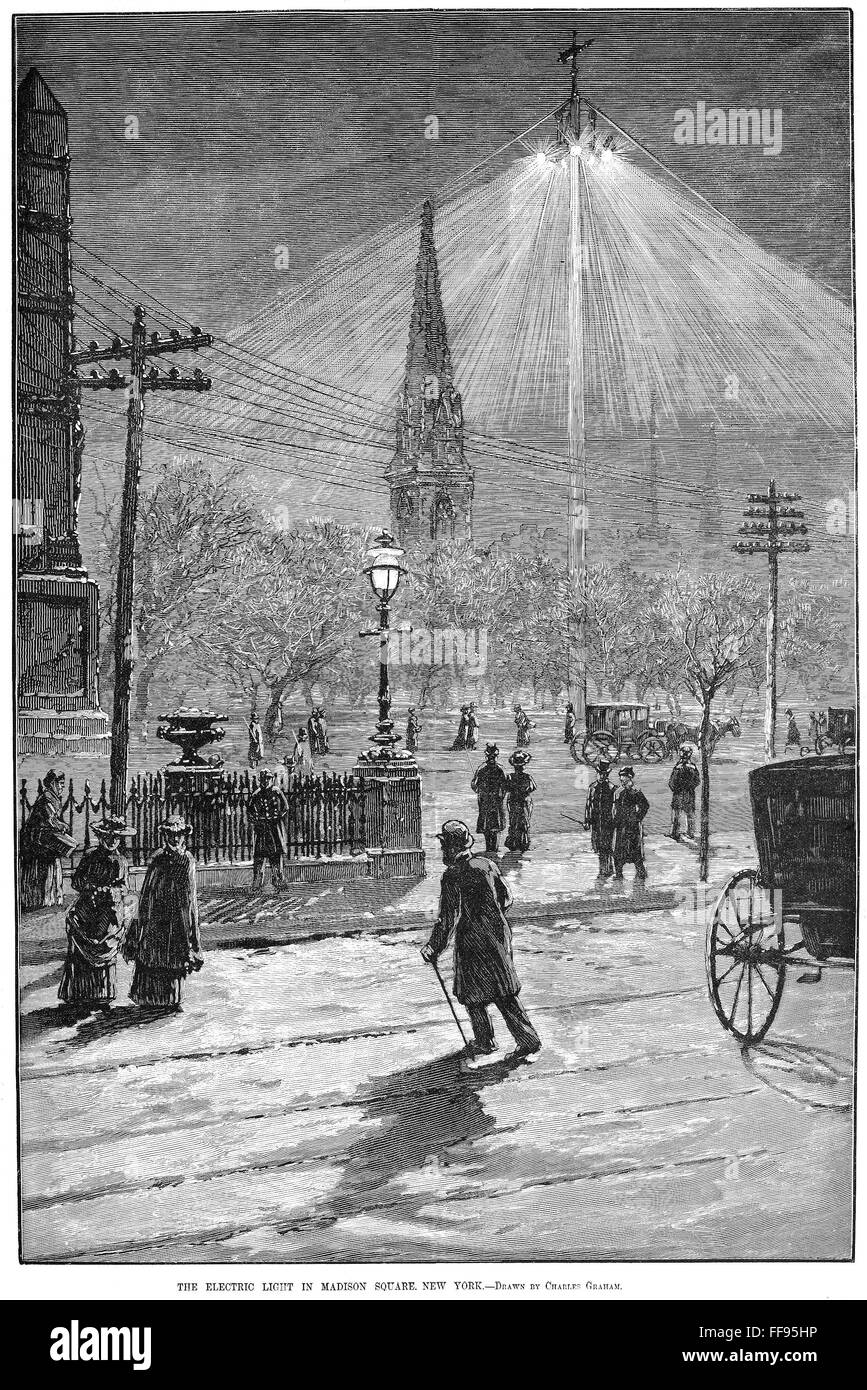 ELECTRIC STREETLIGHT, 1881. /nOne of the first electric streetlights in New York City, erected at Madison Square in 1881. Wood engraving, American, 1882. Stock Photo