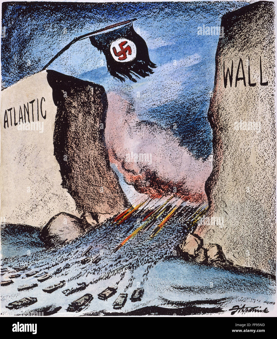 WORLD WAR II: D-DAY, 1944. /n'It Couldn't be Done.' Cartoon by D.R. Fitzpatrick, June 1944, commemorating the successful 6 June 1944 Invasion of Normandy and the Allies' storming of the Atlantic wall during World War II. Stock Photo