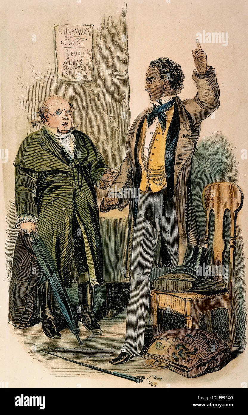 UNCLE TOM'S CABIN: GEORGE. /nGeorge and Mr. Wilson in a country hotel in Kentucky: engraving from a 19th century edition of Harriet Beecher Stowe's Uncle Tom's Cabin. Stock Photo