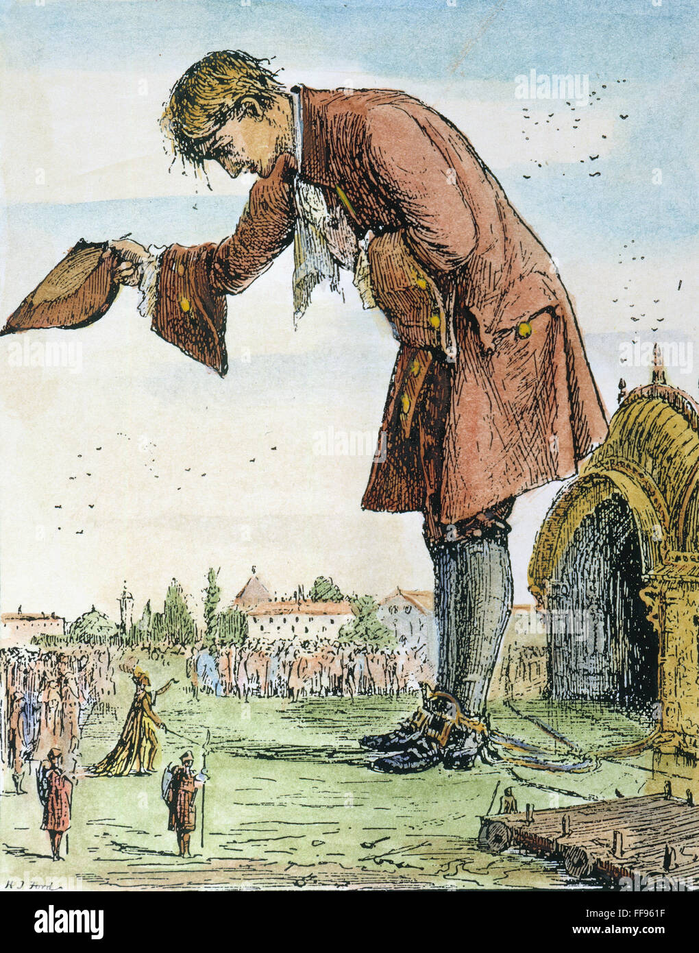 GULLIVER'S TRAVELS. /nGulliver in Lilliput. Illustration, 1891, by H.J. Ford for an edition of Jonathan Swift's 'Gulliver's Travels.' Stock Photo