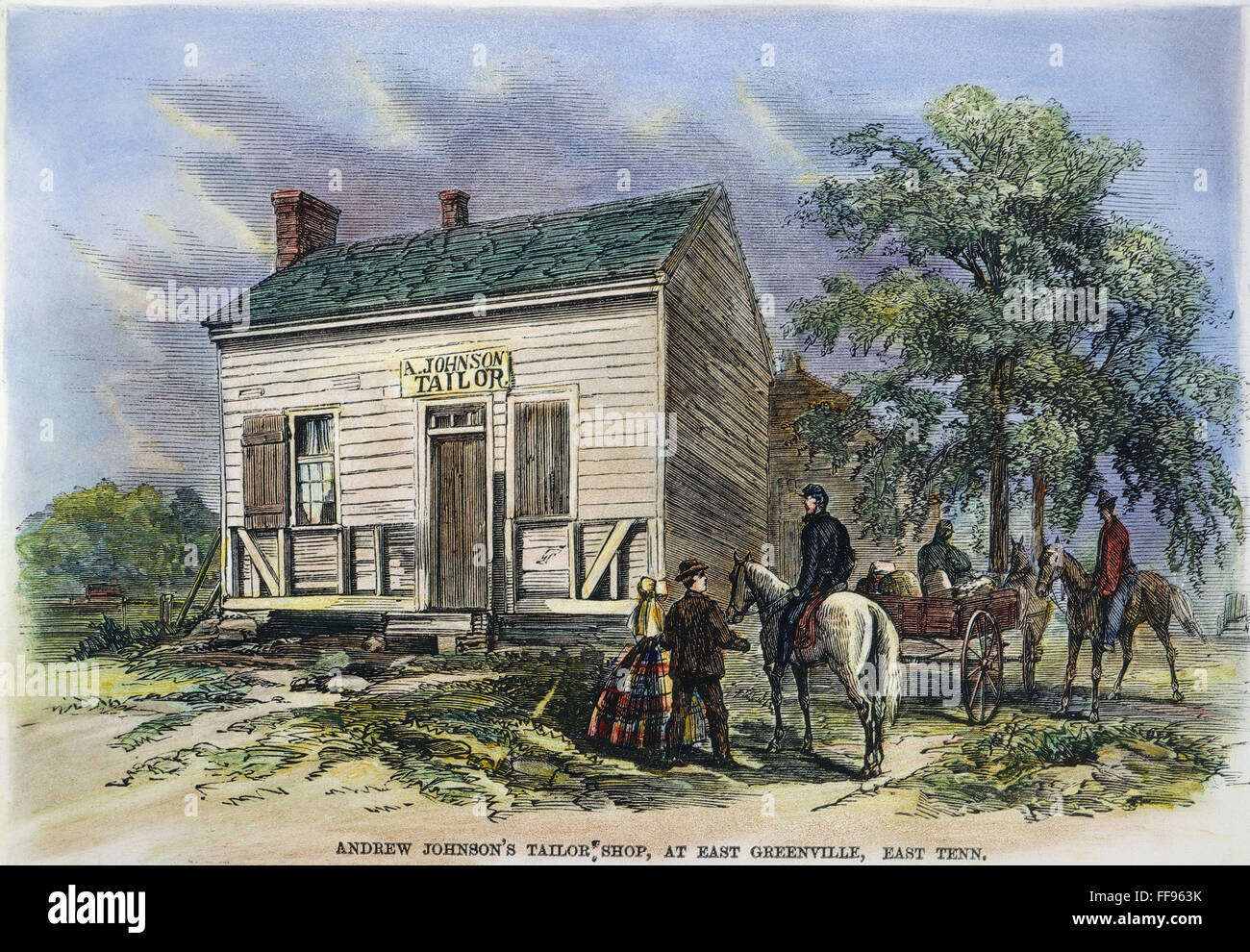 ANDREW JOHNSON: TAILOR. /nThe tailor shop at Greenville, Tennessee, of which Andrew Johnson was proprietor before entering politics; American engraving, 1865. Stock Photo