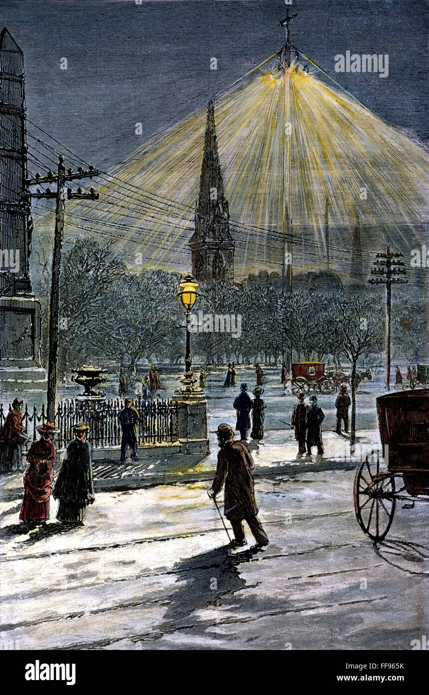 ELECTRIC STREETLIGHT, 1881. /nOne of the first electric streetlights in New York City, erected at Madison Square in 1881. Wood engraving, American, 1882. Stock Photo