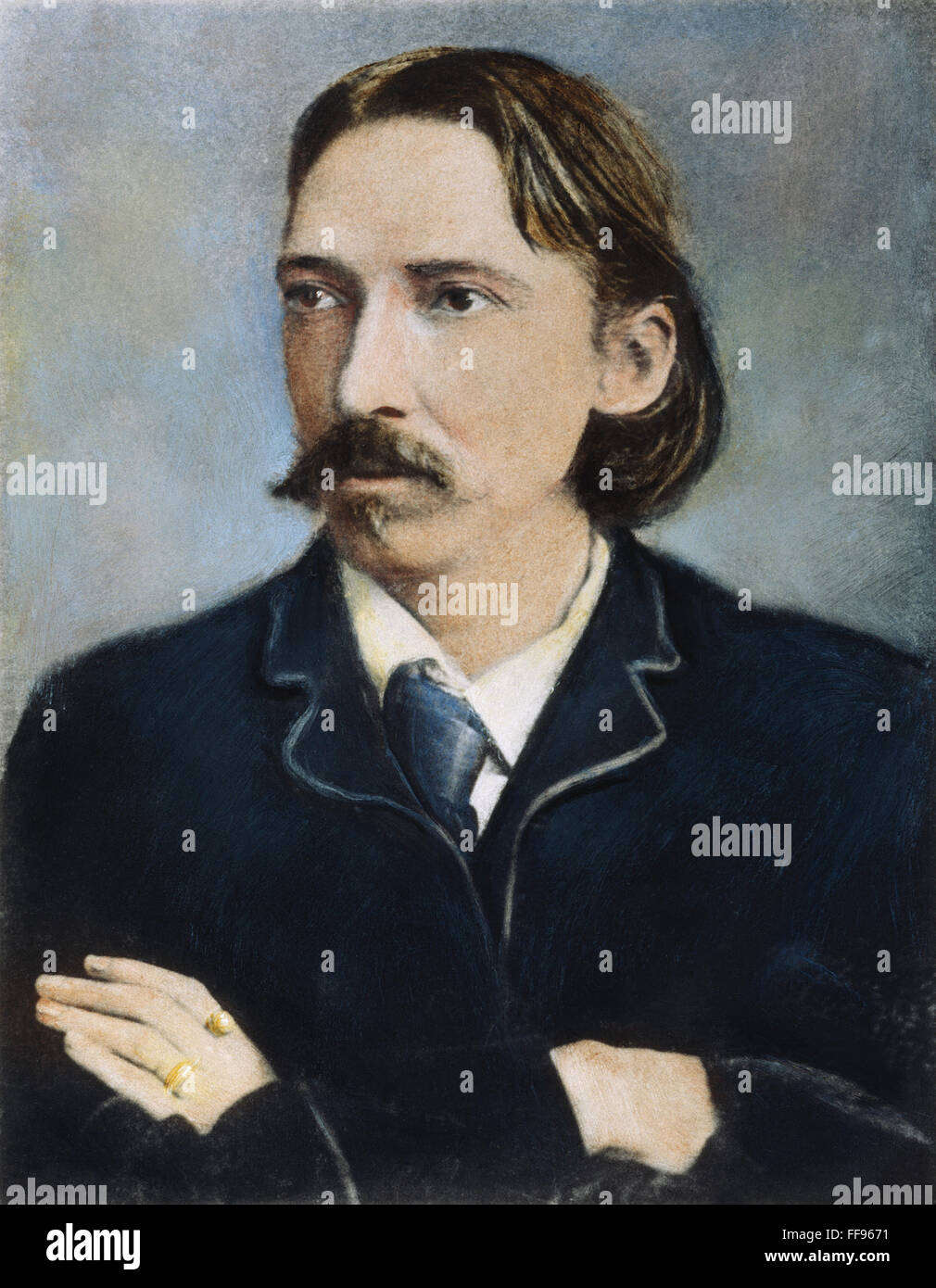 ROBERT LOUIS STEVENSON /n(1850-1894). Scottish essayist, novelist and poet: oil over a photograph, c1888. Stock Photo
