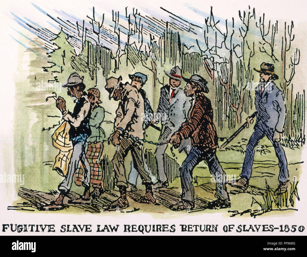 FUGITIVE SLAVE ACT, 1850. /nA band of runaway slaves in chains rounded up for return to their owners under the provisions of the Fugitive Slave Act of 1850: American drawing. Stock Photo