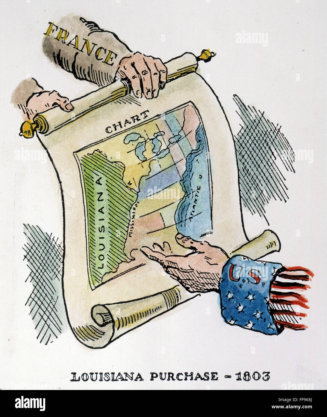 LOUISIANA PURCHASE, 1803. /nAmerican cartoon, c1900, on the purchase of Louisiana by the United States from France. Stock Photo