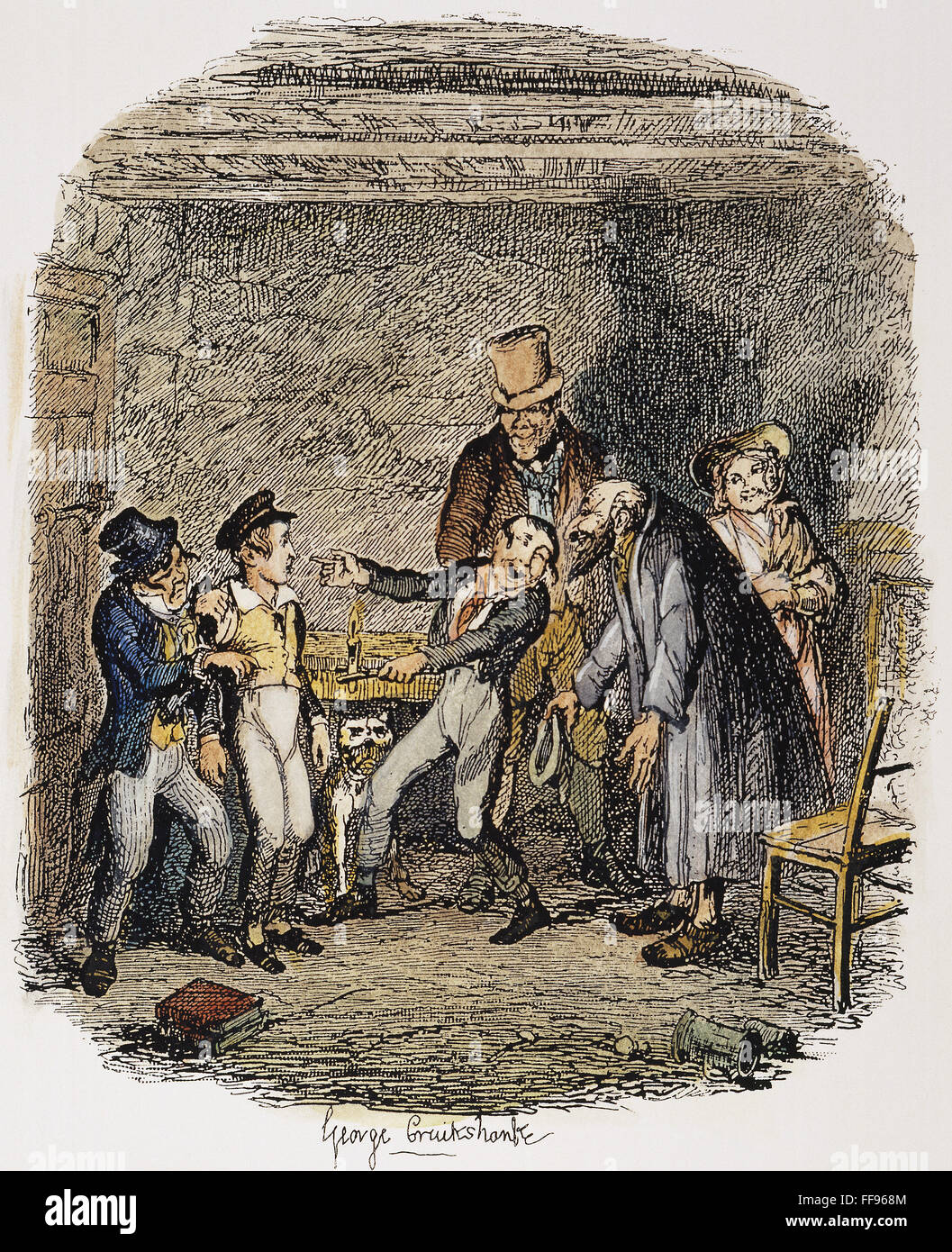 OLIVER TWIST, 1837-38. /nOliver's reception by Fagin and the boys. Etching by George Cruikshank to the first edition, 1837-1838, of Charles Dickens' 'Oliver Twist.' Stock Photo