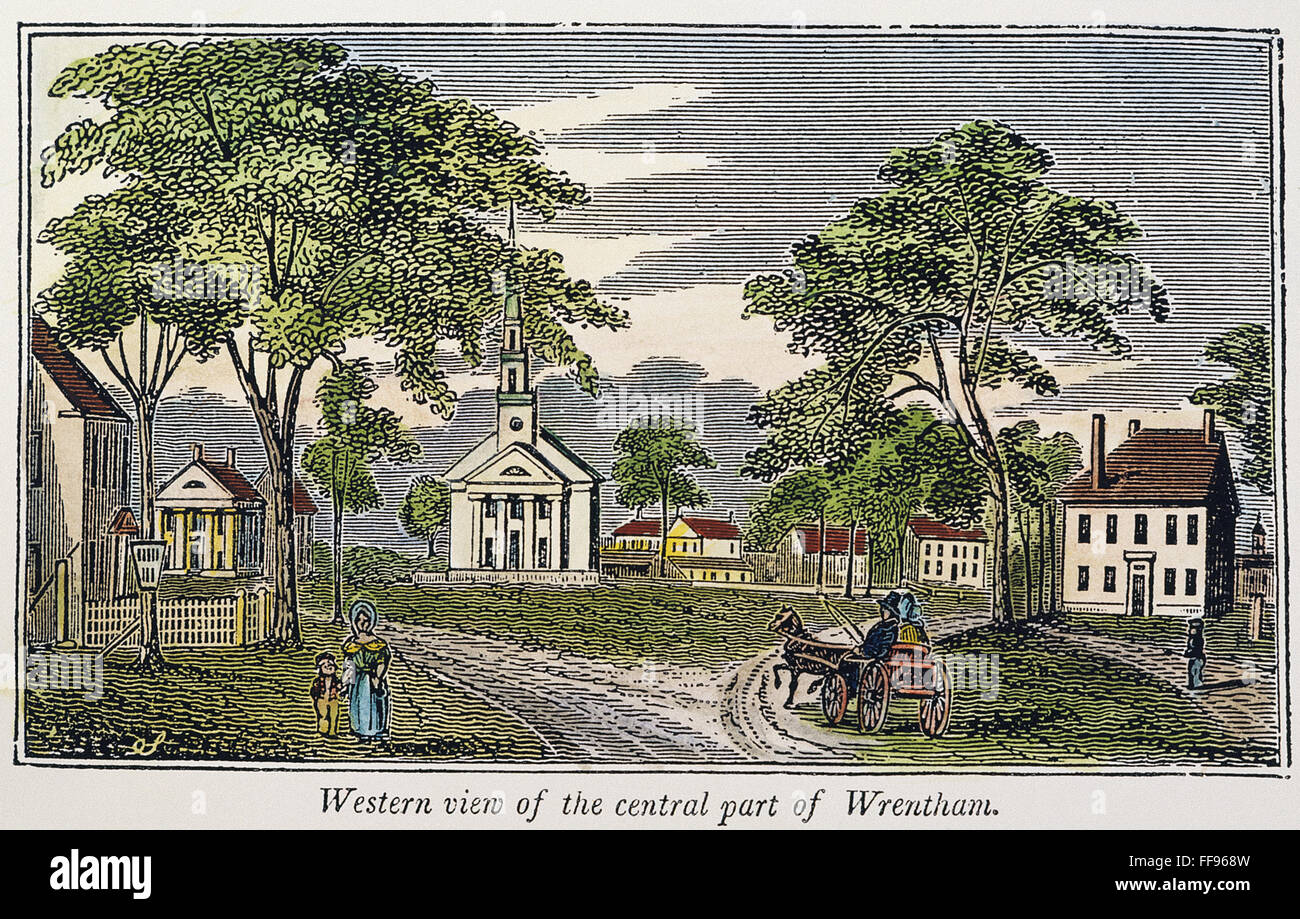 WRENTHAM, MASSACHUSETTS. /nA view of the center of Wrentham, Massachusetts. Wood engraving, American, 1839. Stock Photo