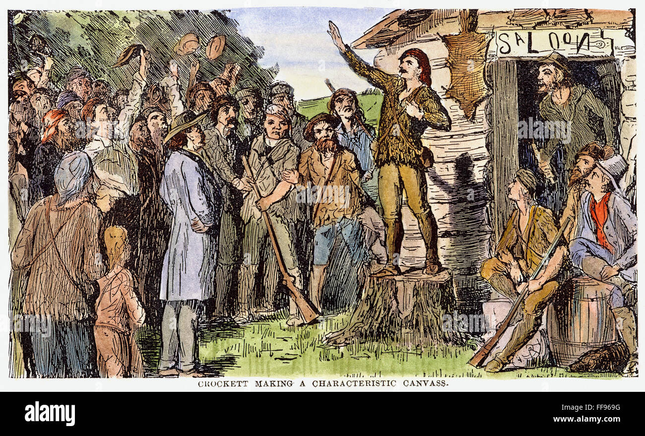 DAVY CROCKETT (1786-1836). /nAmerican soldier and frontiersman. Congressional candidate Davy Crockett making a stump speech: American engraving, 19th century. Stock Photo