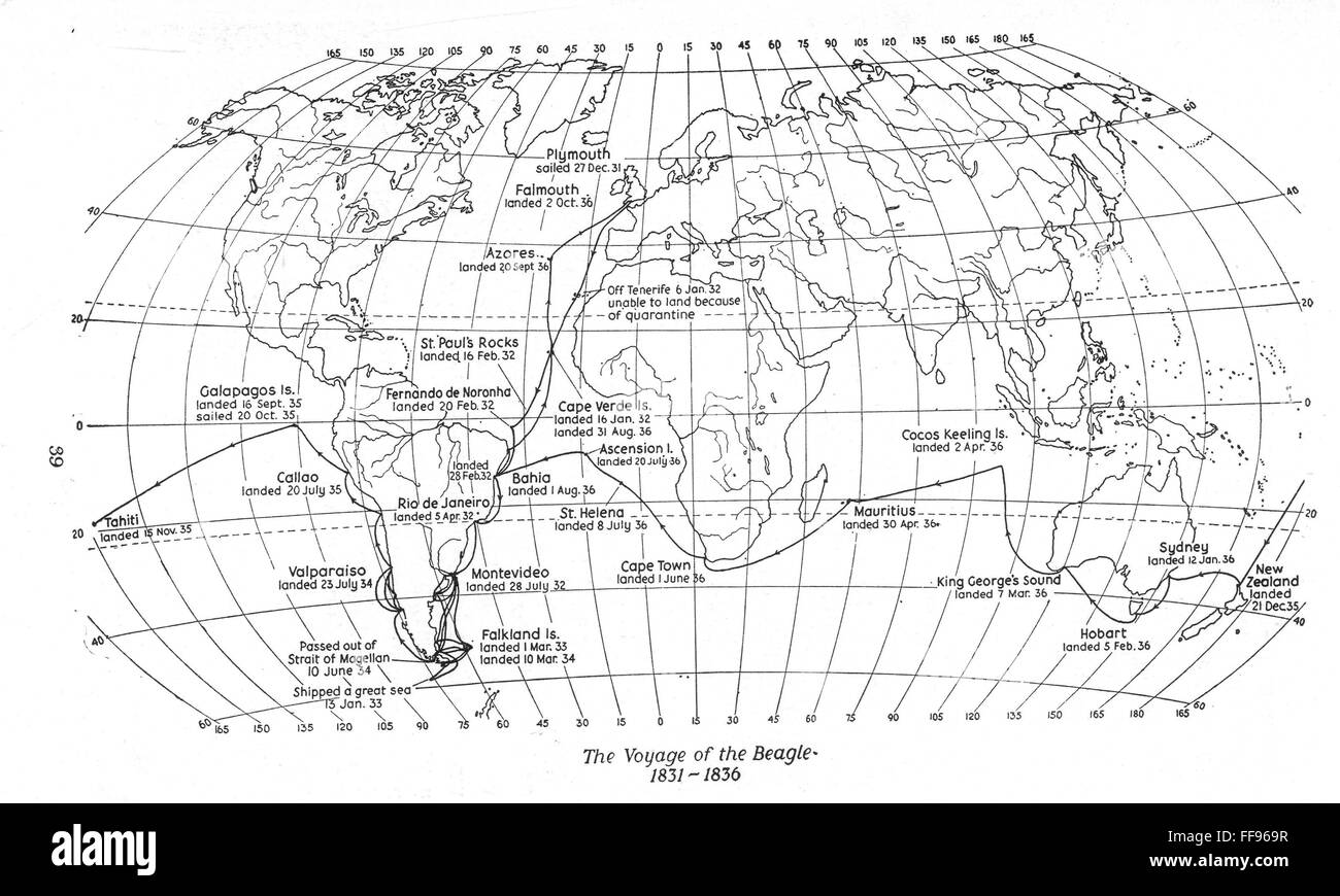 DARWIN: H.M.S. BEAGLE. /nTrack of H.M.S. Beagle around the world, 1831-1836. The dates of Charles Darwin's landings are not always those of the ship's arrival. Stock Photo