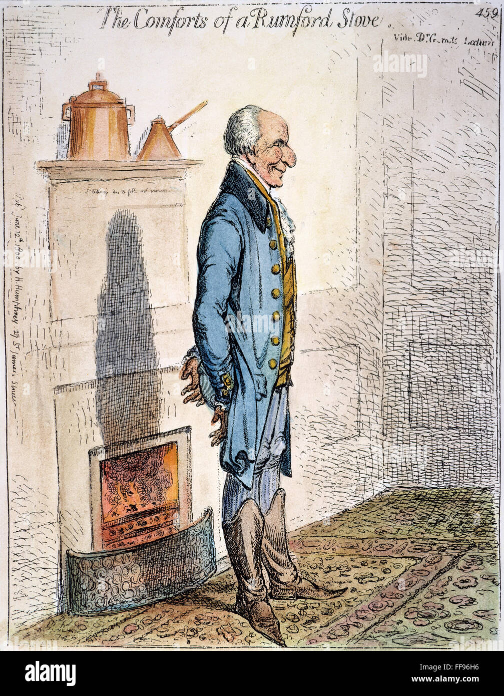BENJAMIN THOMPSON /n(1753-1814). Count Rumford. American physicist and inventor. 'The comforts of a Rumford Stove.' Count Remford demonstrating the efficiency of his improved fireplace design. Caricature etching, 1800, by James Gillray. Stock Photo