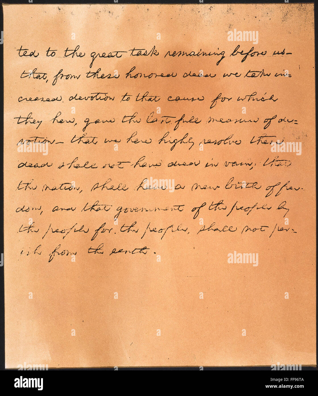 GETTYSBURG ADDRESS. /nSecond and final page of the Nicolay copy of the Gettysburg Address; the earliest extant version in Abraham Lincoln's handwriting, written at Washington, D.C. shortly before 18 November 1863. Stock Photo