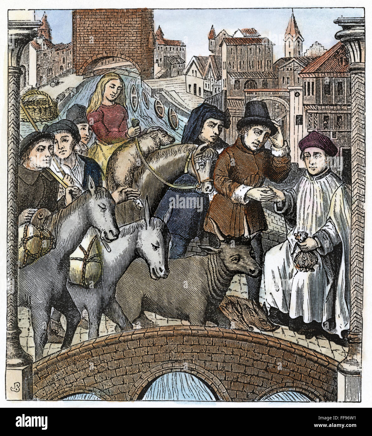 MEDIEVAL TOLL BRIDGE. /nA medieval party paying the toll to cross a bridge. Engraving after a 15th century stained glass window from the Cathedral of Tournay. Stock Photo