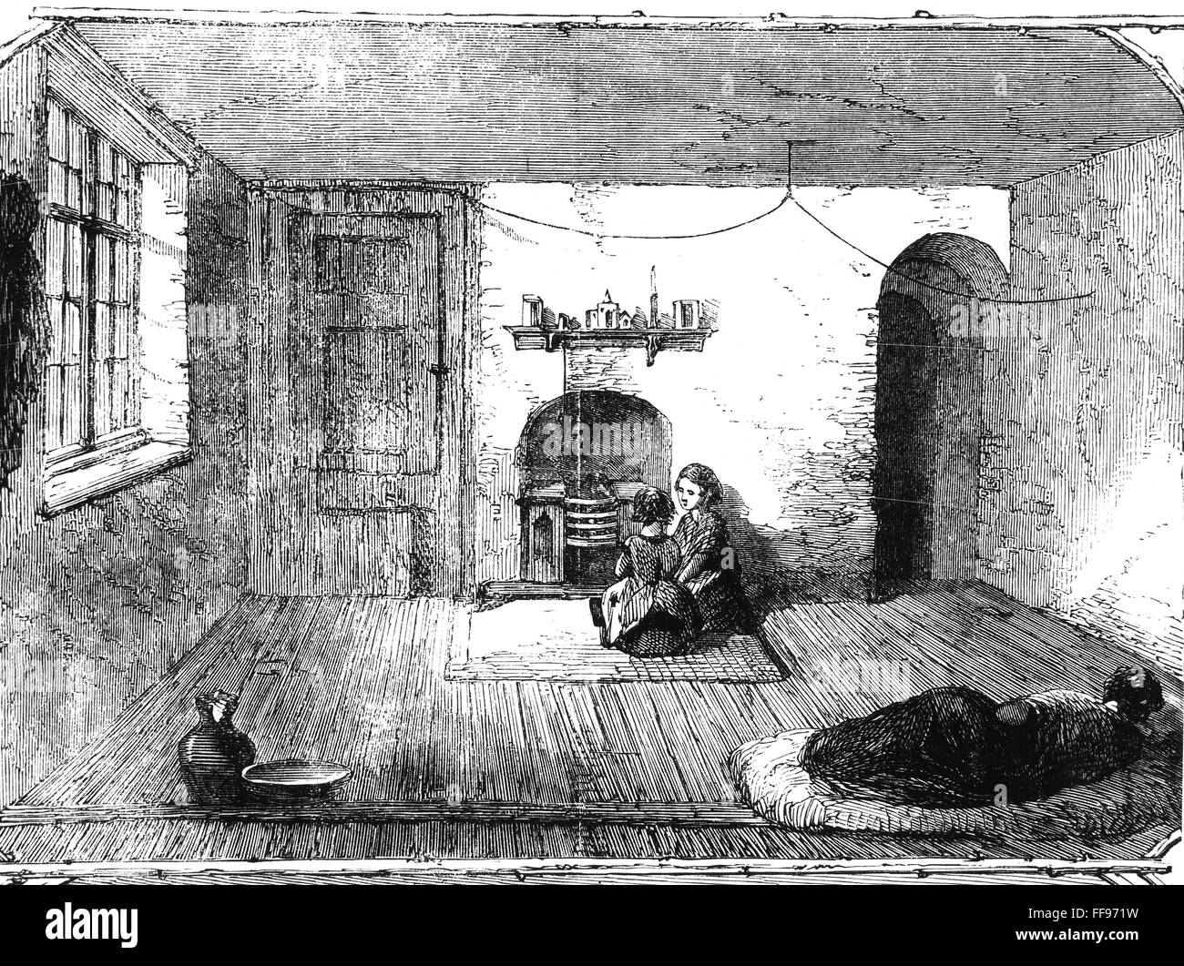 ENGLAND: COTTON FAMINE. /nThe home of a Manchester mill worker during the cotton famine in England following the Union blockade of Confederate ports during the American Civil War. Wood engraving, English, 1862. Stock Photo