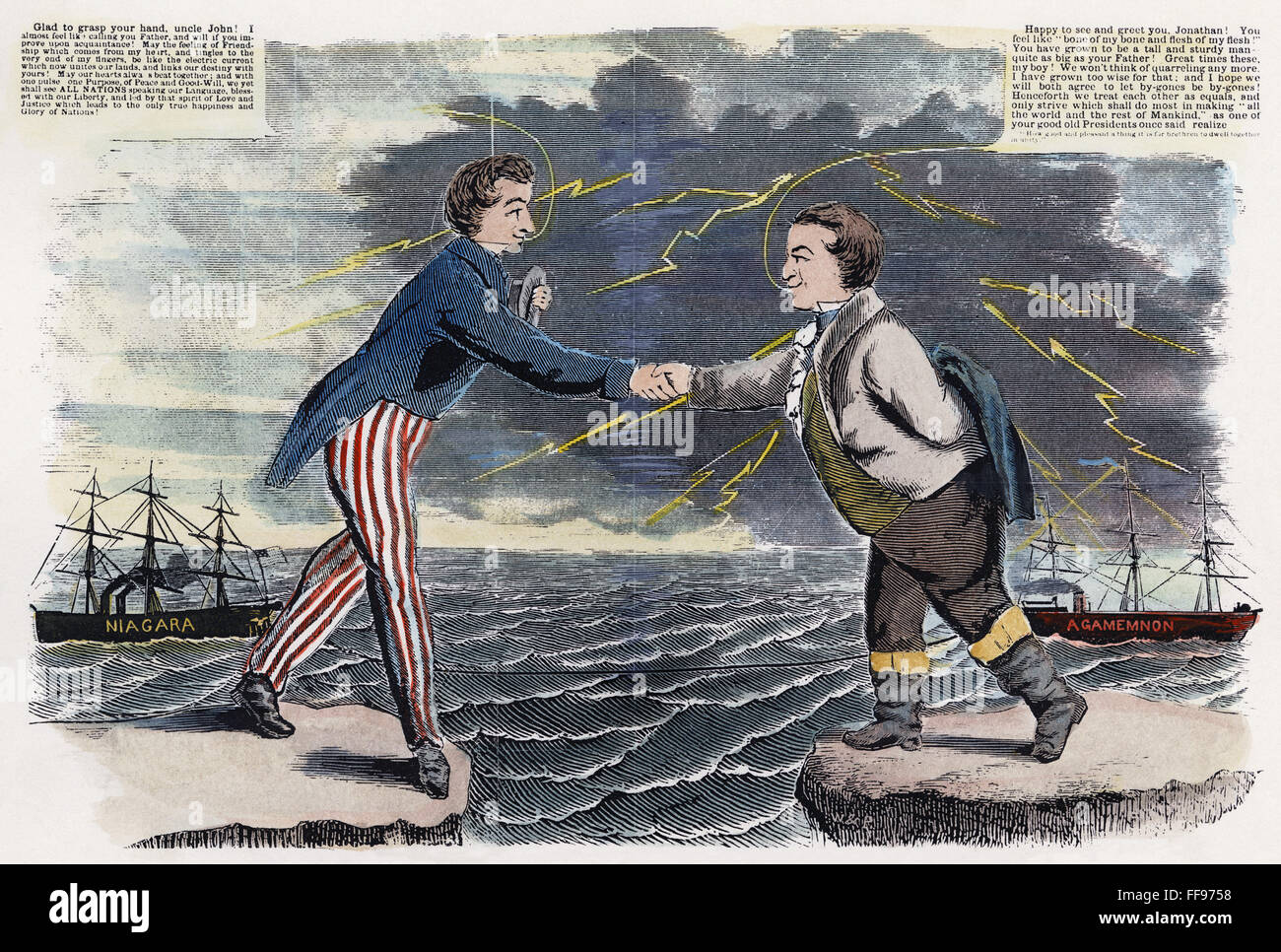 TELEGRAPHY CARTOON, 1858. /nThe HMS Agamemnon sailed toward Valentia Island while the USS Niagara sailed toward Newfoundland. American cartoon, 1858, on the joining of the Atlantic telegraph cable. Stock Photo