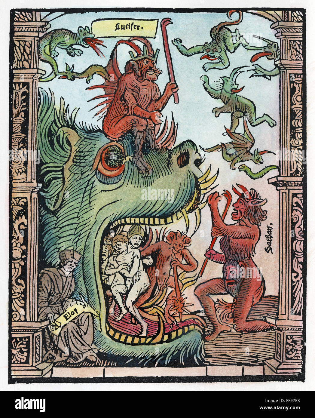 HELL: LUCIFER AND SATAN. /nThe jaws of Hell with Lucifer and Satan. Woodcut title-page from the 'Livre de la Deablerie,' Paris, 1568. Stock Photo