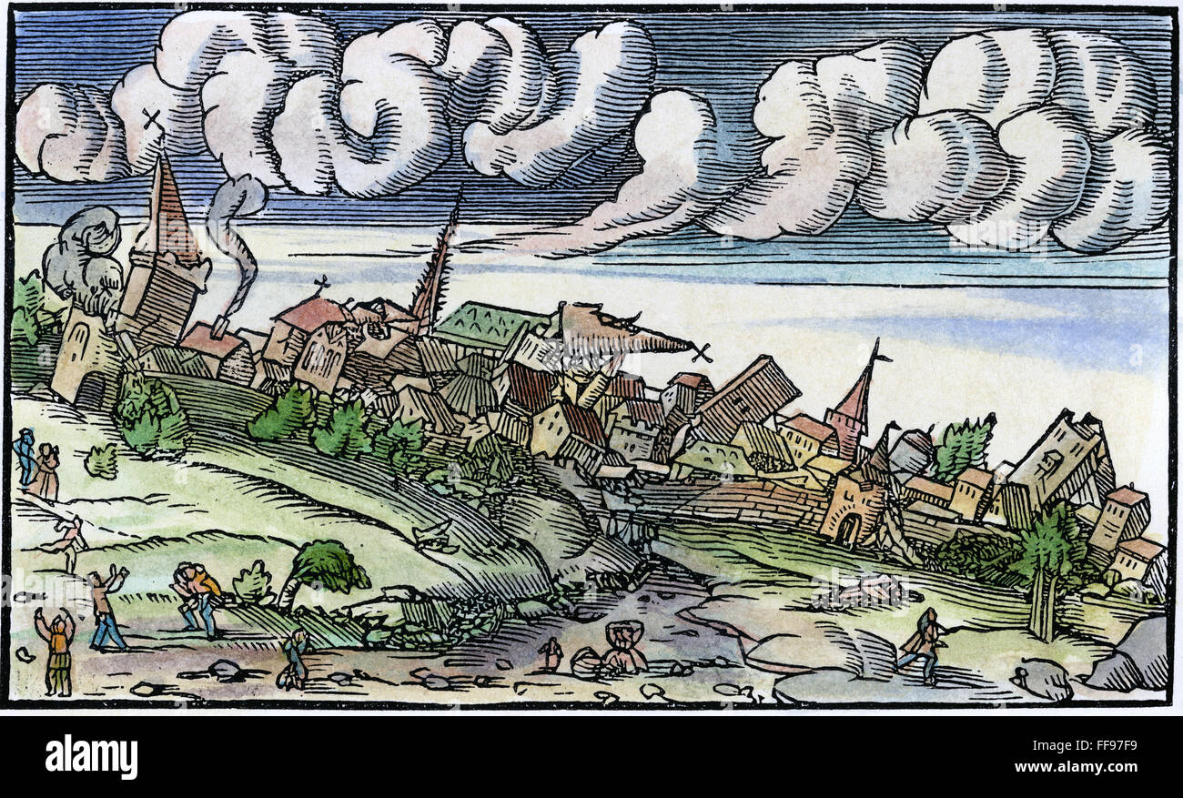 EARTHQUAKE, 1550. /nThe aftermath of an earthquake. Woodcut, 1550. Stock Photo