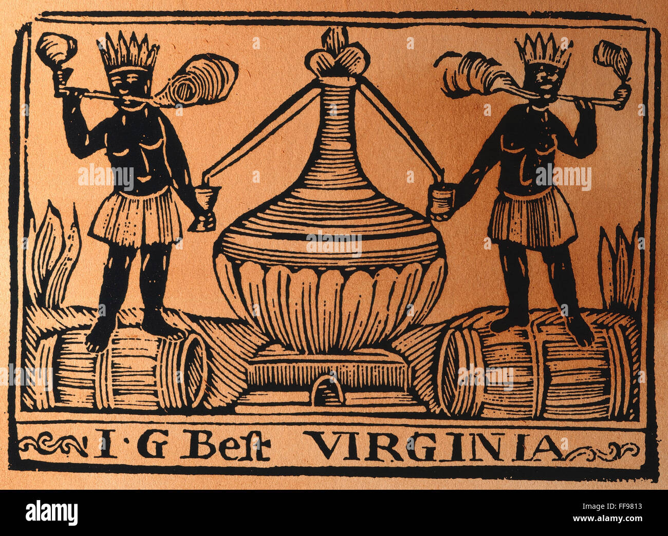 VIRGINIA TOBACCO LABEL, 1700. /nPipesmoking slaves at a still on a
