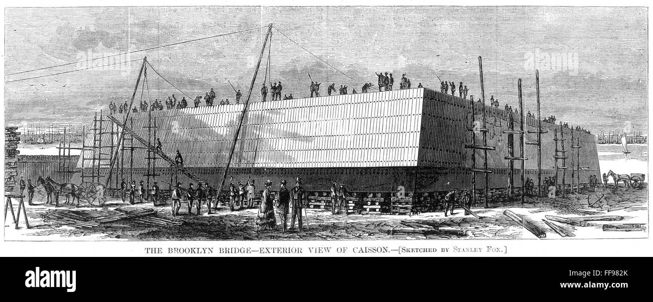 BROOKLYN BRIDGE, 1870. /nExterior view of the caisson at the Brooklyn