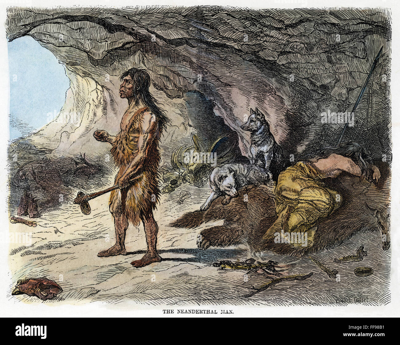 NEANDERTHAL MAN. /nA late 19th century depiction of Neanderthal man (Homo neanderthalensis) based on the 1857 discovery of human skeletal remains in the Neander Valley, Prussia. Engraving, 1873. Stock Photo