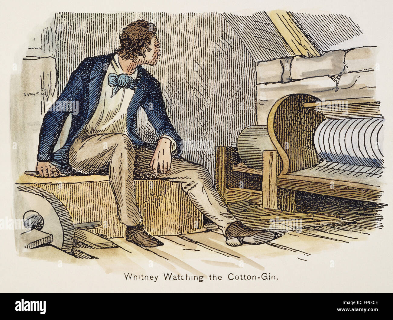 ELI WHITNEY (1765-1825). /nAmerican inventor. Watching his cotton gin: 19th century wood engraving. Stock Photo
