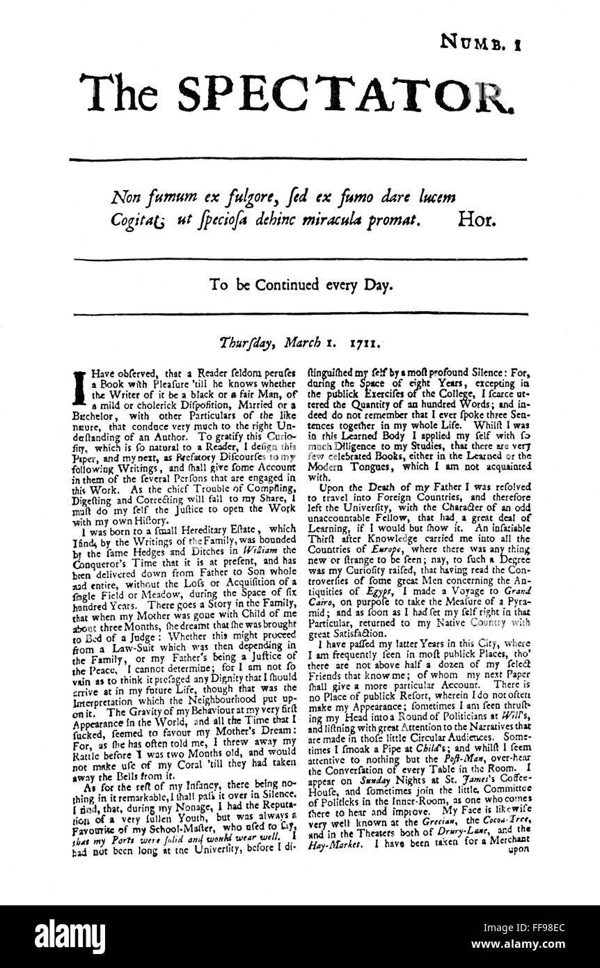 ADDISON: THE SPECTATOR. /nThe first page of the first number of Joseph Addison and Richard Steele's 'The Spectator', 1711. Stock Photo