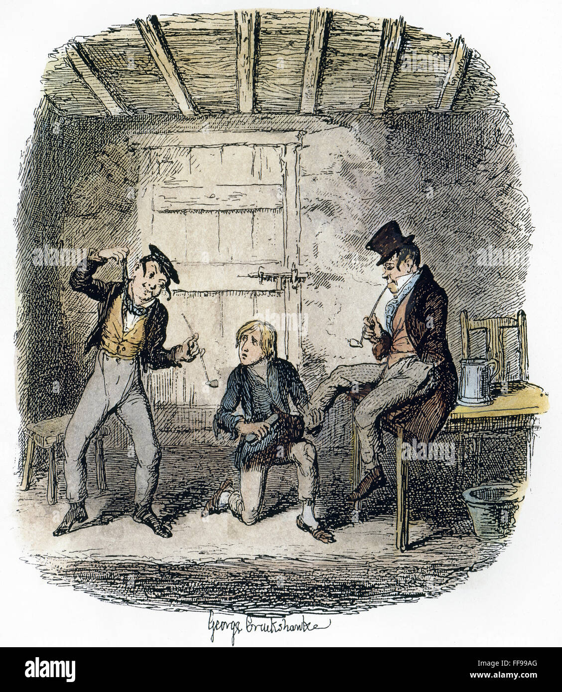 OLIVER TWIST, 1837-38. /nMaster Bates explains a professional technicality: etching by George Cruikshank to the first edition, 1837-38, of Charles Dickens' 'Oliver Twist.' Stock Photo