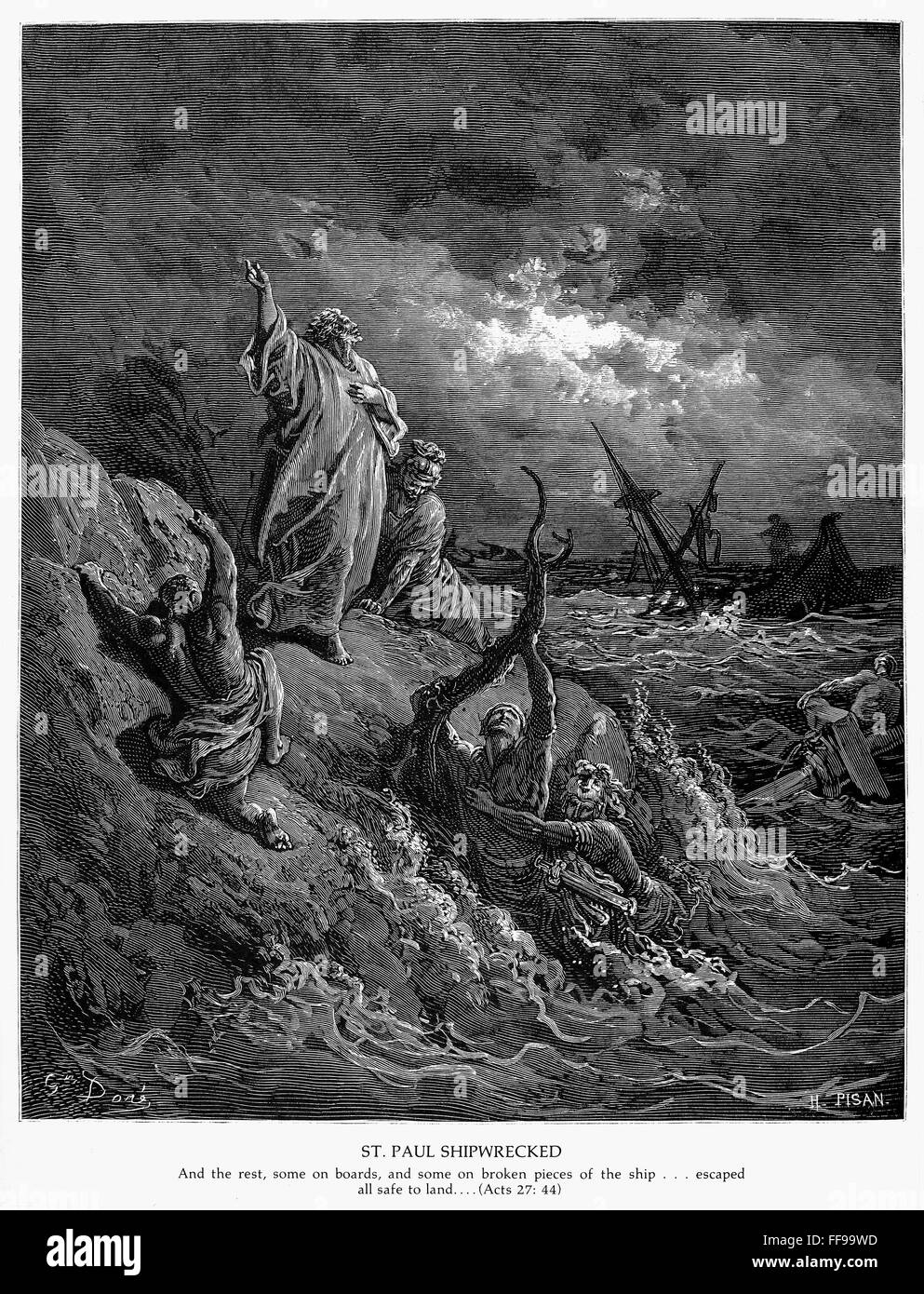 ST. PAUL: SHIPWRECK. /n(Acts 27:44). Wood engraving, 19th century, after Gustave DorΘ. Stock Photo