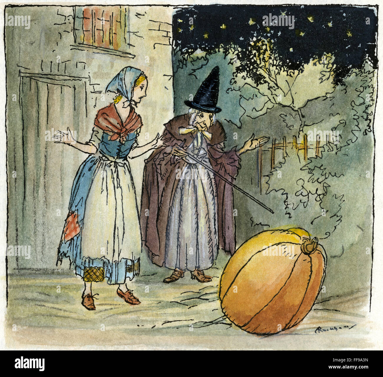 PERRAULT: CINDERELLA, C1920.  /nCinderella's fairy godmother turns a pumpkin into a carriage. Pen-and-ink drawing by Arthur Rackham for the fairy tale by Perrault, c1920. Stock Photo
