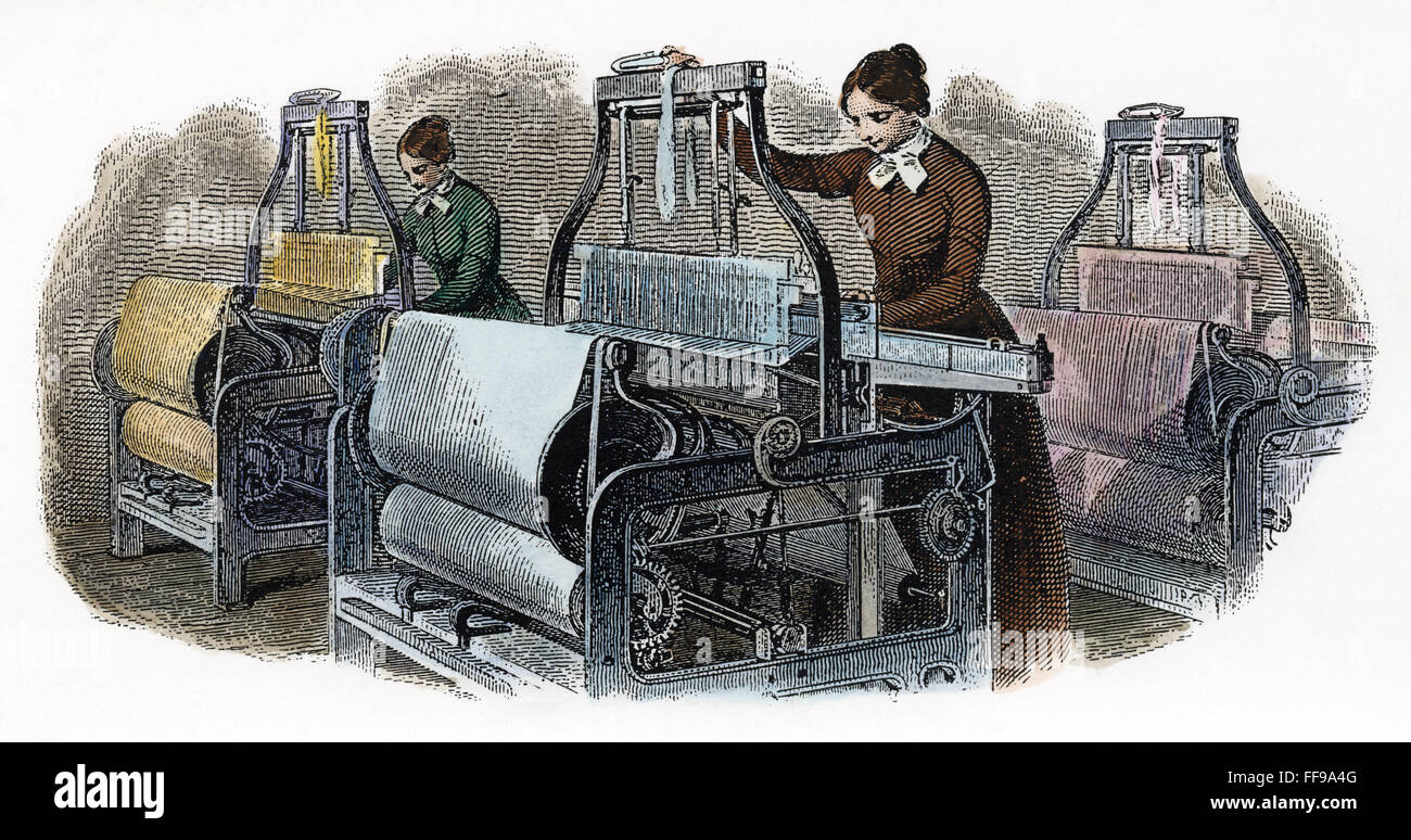 MILL GIRLS OPERATING LOOMS. /nLine engraving, American, 19th century. Stock Photo