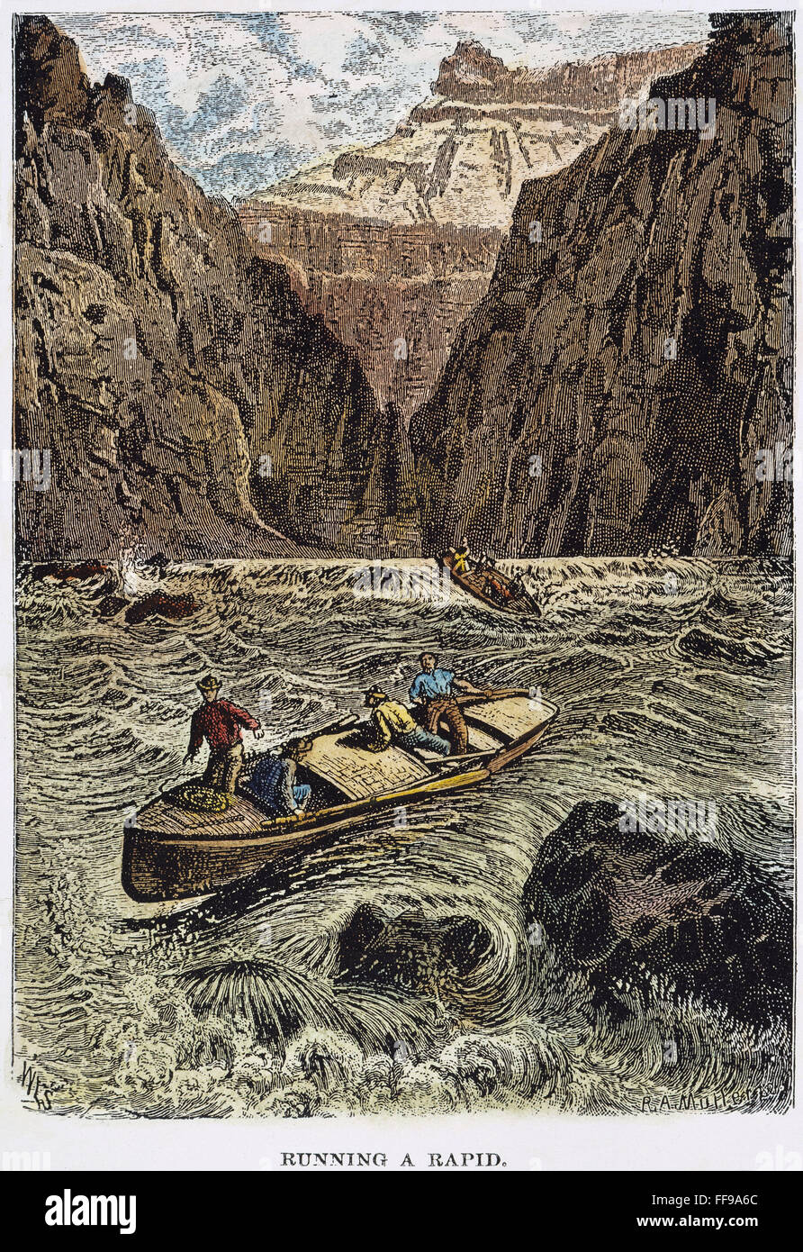 JOHN WESLEY POWELL /n(1834-1902) and his expedition running the rapids of the Colorado River in the Grand Canyon in August, 1869: wood engraving, 19th century. Stock Photo