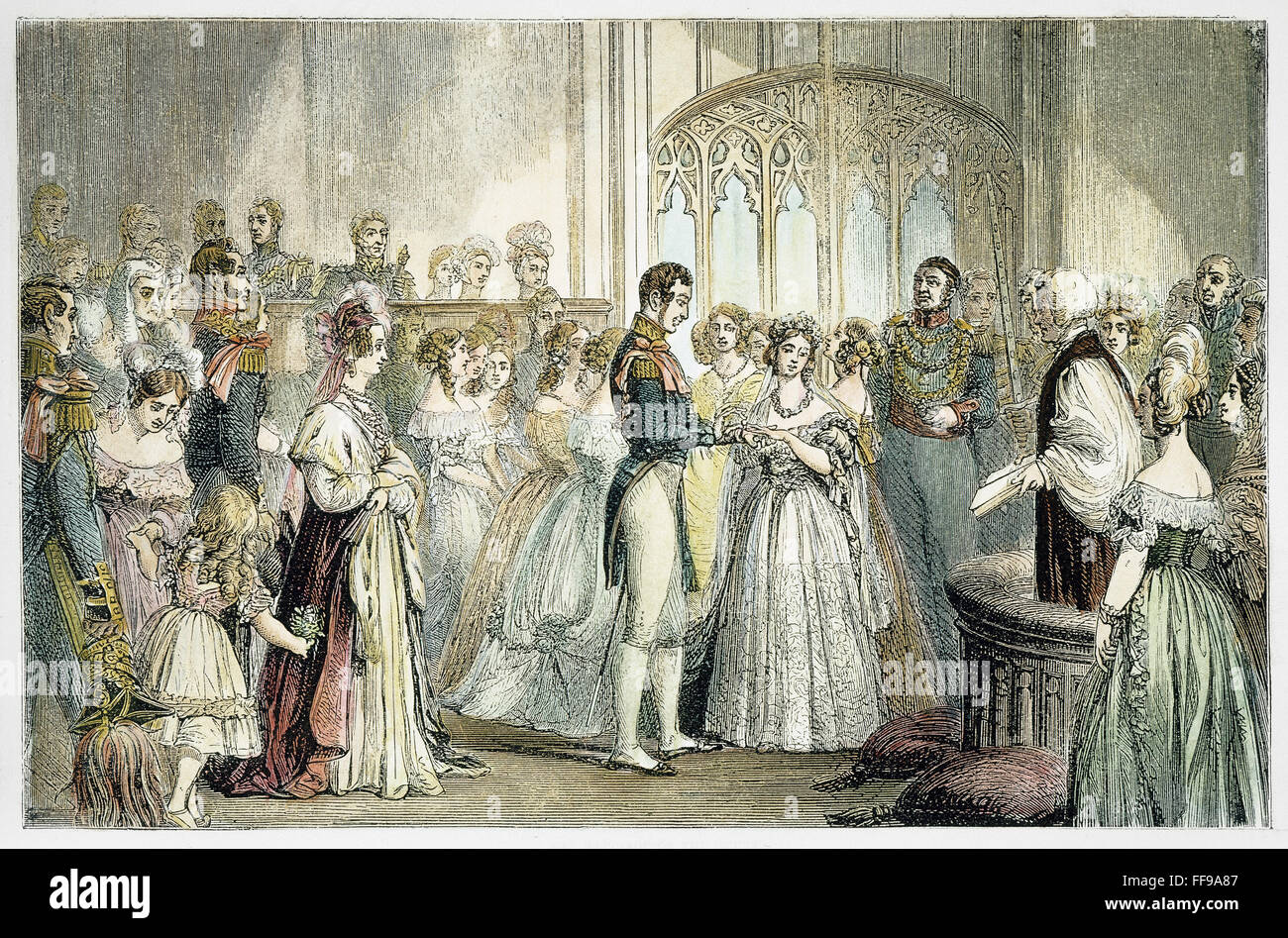 WEDDING OF QUEEN VICTORIA. /nThe wedding of Queen Victoria of England and Prince Albert of Saxe-Coburg-Gotha, 10 February 1840. Wood engraving, 19th century. Stock Photo